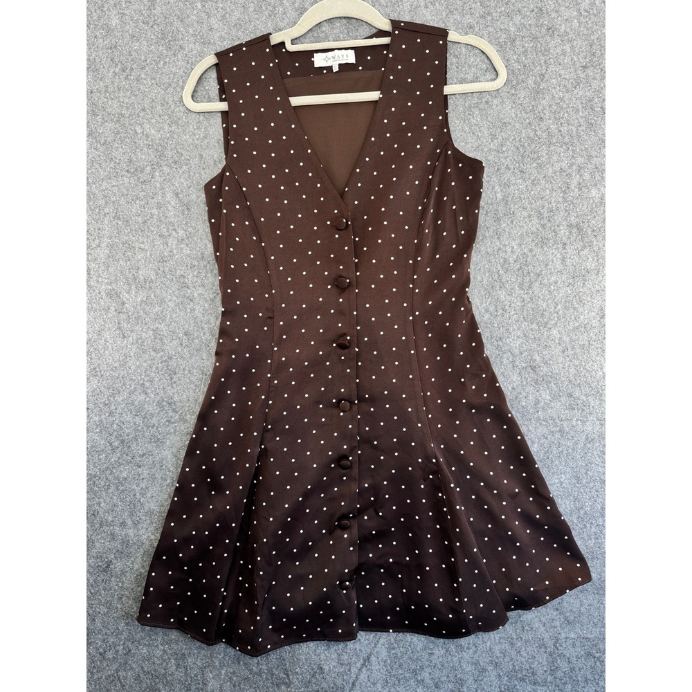 WAYF Brown Polka Dot Button Front V Neck Sleeveless Fit Flare Dress XS